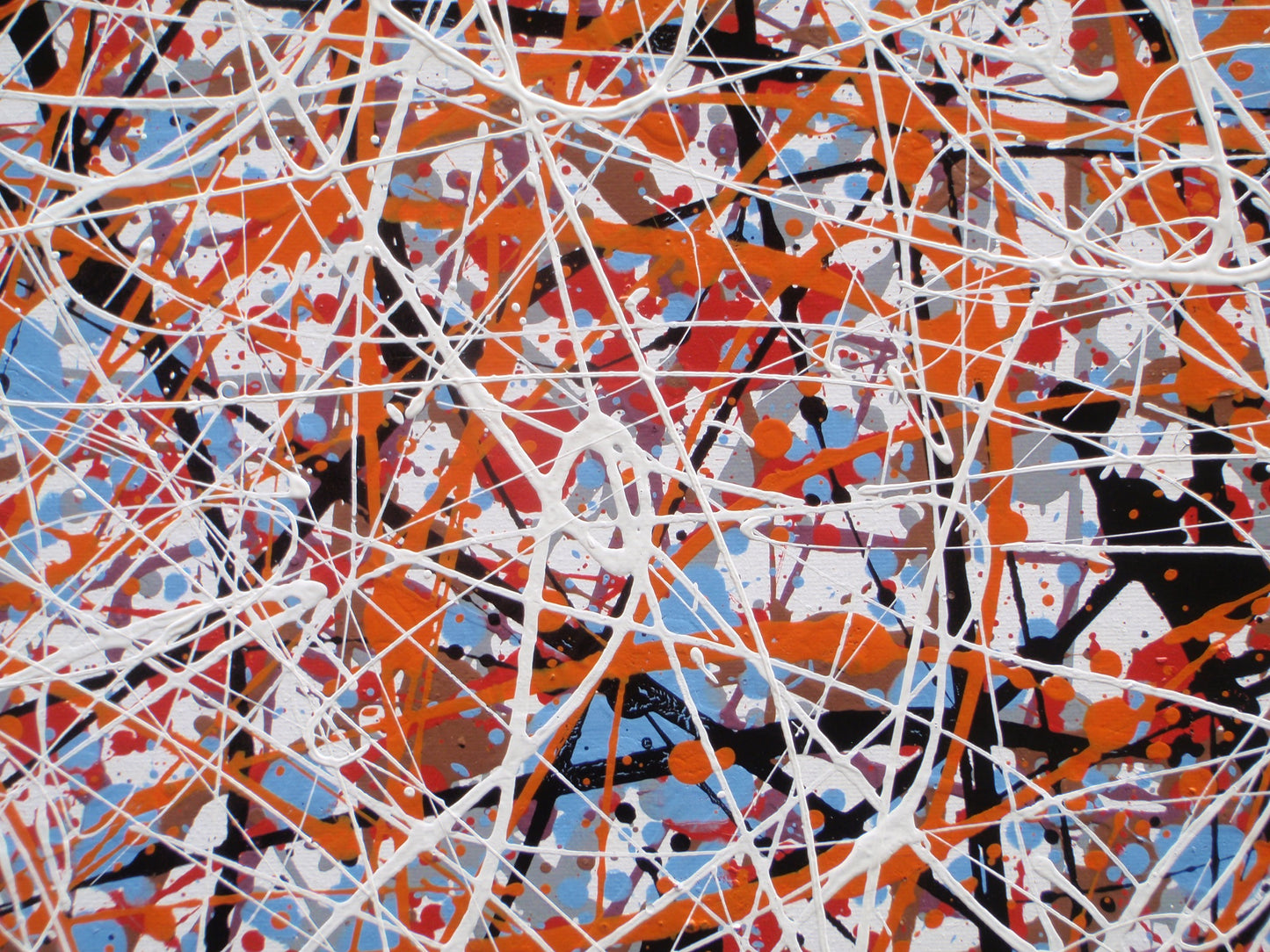 Abstract art with orange, white, and blue lines on a textured background, painted on a 101.5 cm y 81 cm stretched canvas - detail 2