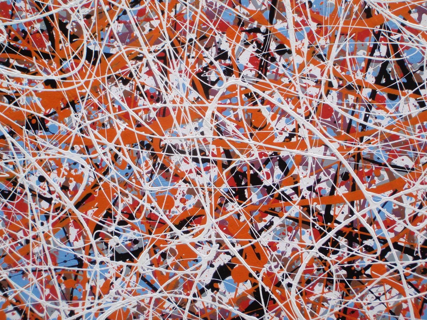 Abstract art with orange, white, and blue lines on a textured background, painted on a 101.5 cm y 81 cm stretched canvas - detail 4