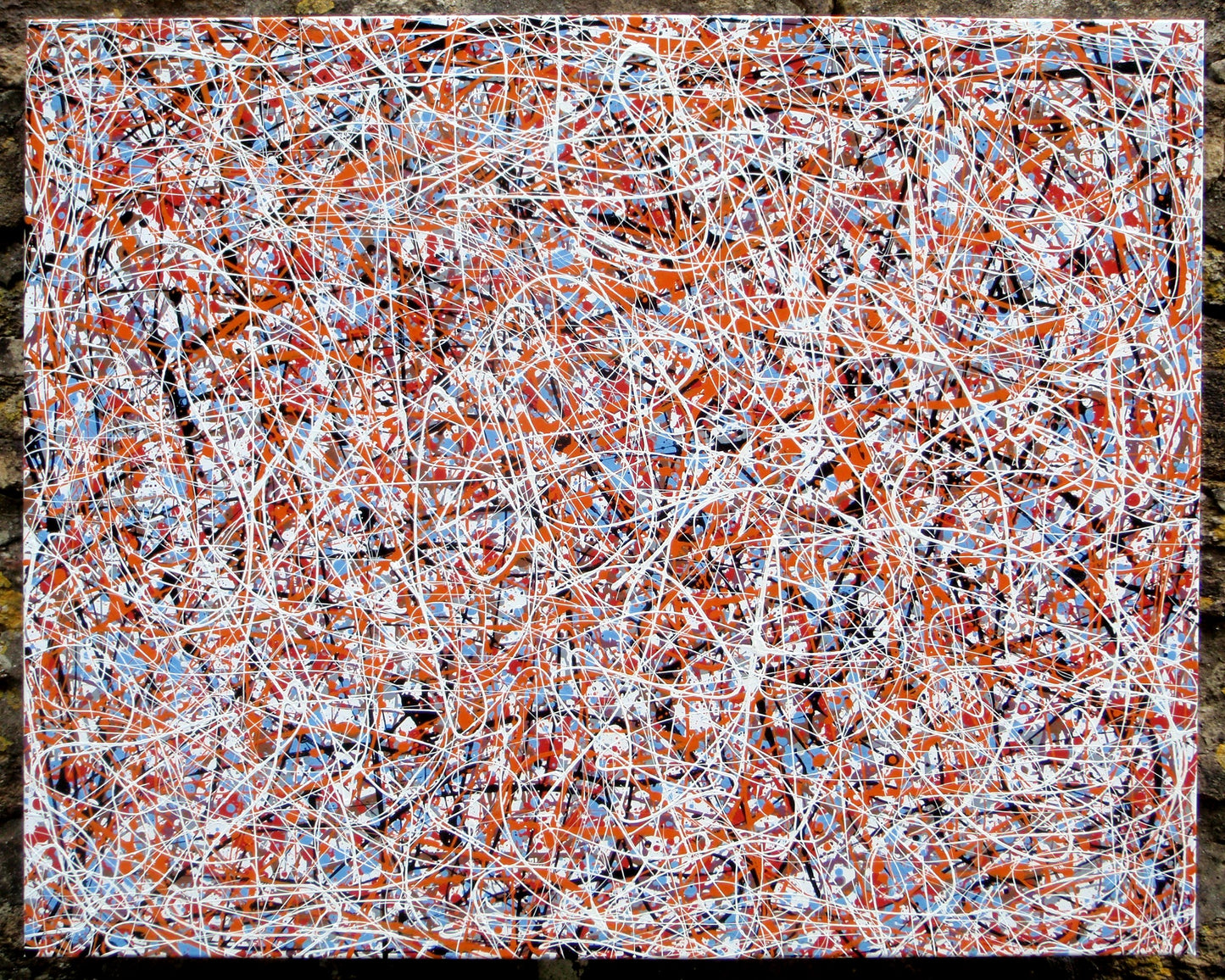 Abstract art with orange, white, and blue lines on a textured background, painted on a 101.5 cm y 81 cm stretched canvas - front