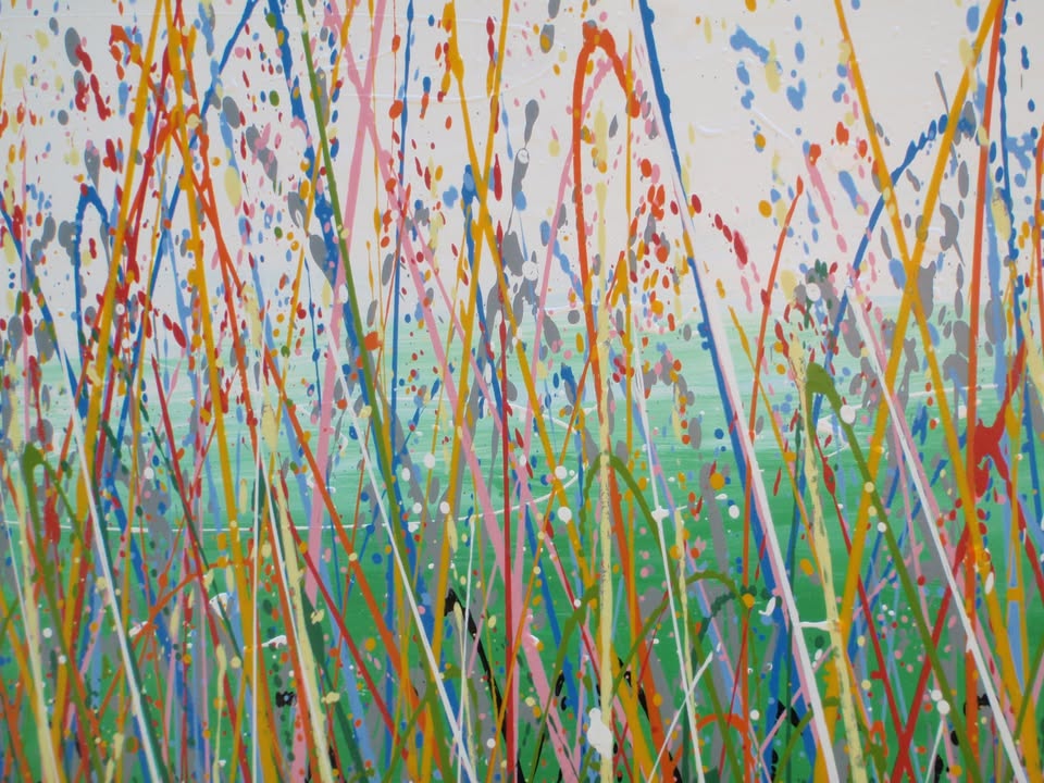 Artistic depiction of grasses swaying in the wind with a blue sky on 150 cm by 100 cm stretched canvas - detail 5