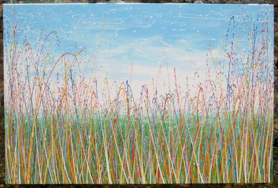 Artistic depiction of grasses swaying in the wind with a blue sky on 150 cm by 100 cm stretched canvas - full view