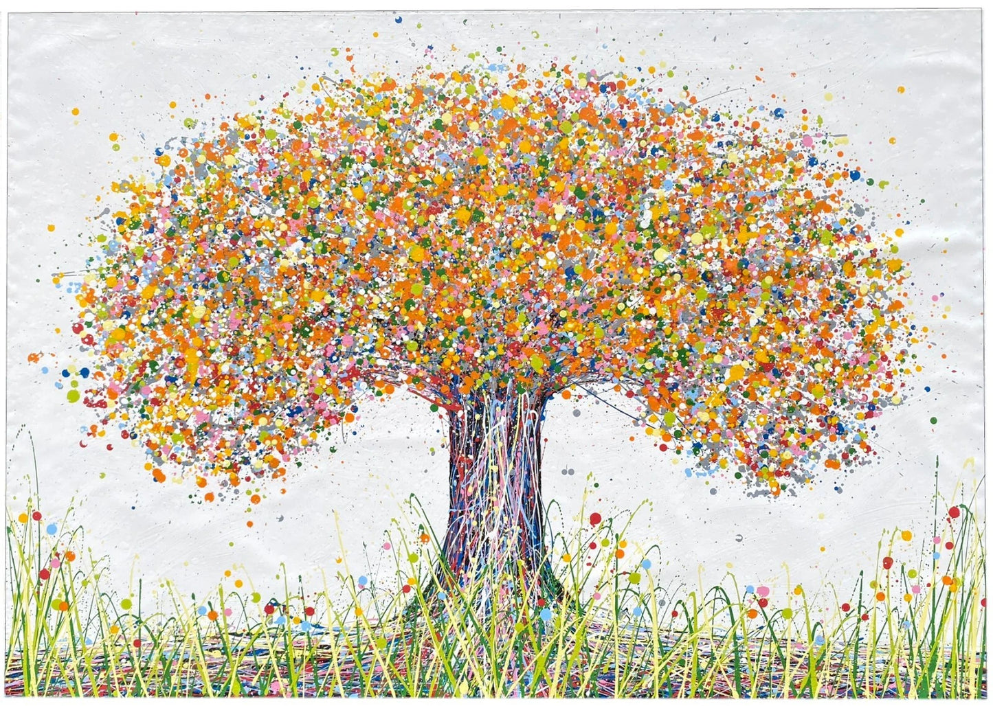 Colourful original tree painting with multicoloured orange and yellow leaves on a white canvas background full view