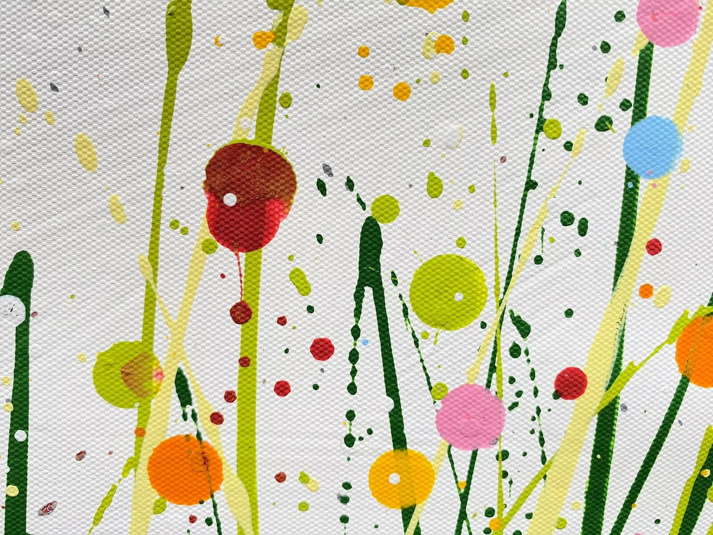Colourful original tree painting with multicoloured orange and yellow leaves on a white canvas background - detail