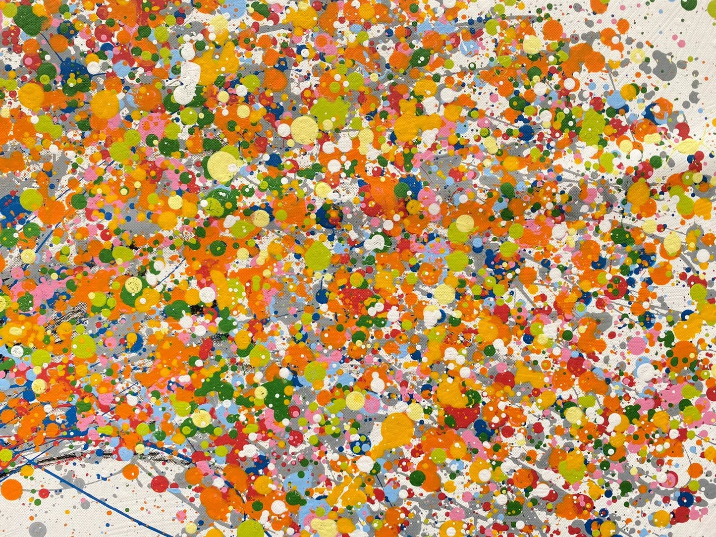 Colourful original tree painting with multicoloured orange and yellow leaves on a white canvas background - detail