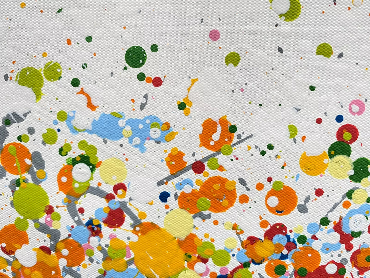 Colourful original tree painting with multicoloured orange and yellow leaves on a white canvas background - detail