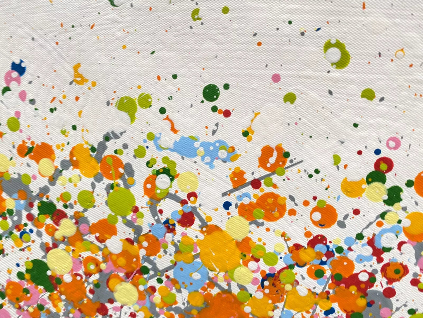 Colourful original tree painting with multicoloured orange and yellow leaves on a white canvas background - detail