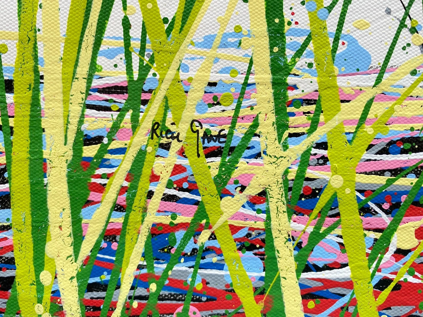 Colourful original tree painting with multicoloured orange and yellow leaves on a white canvas background - detail