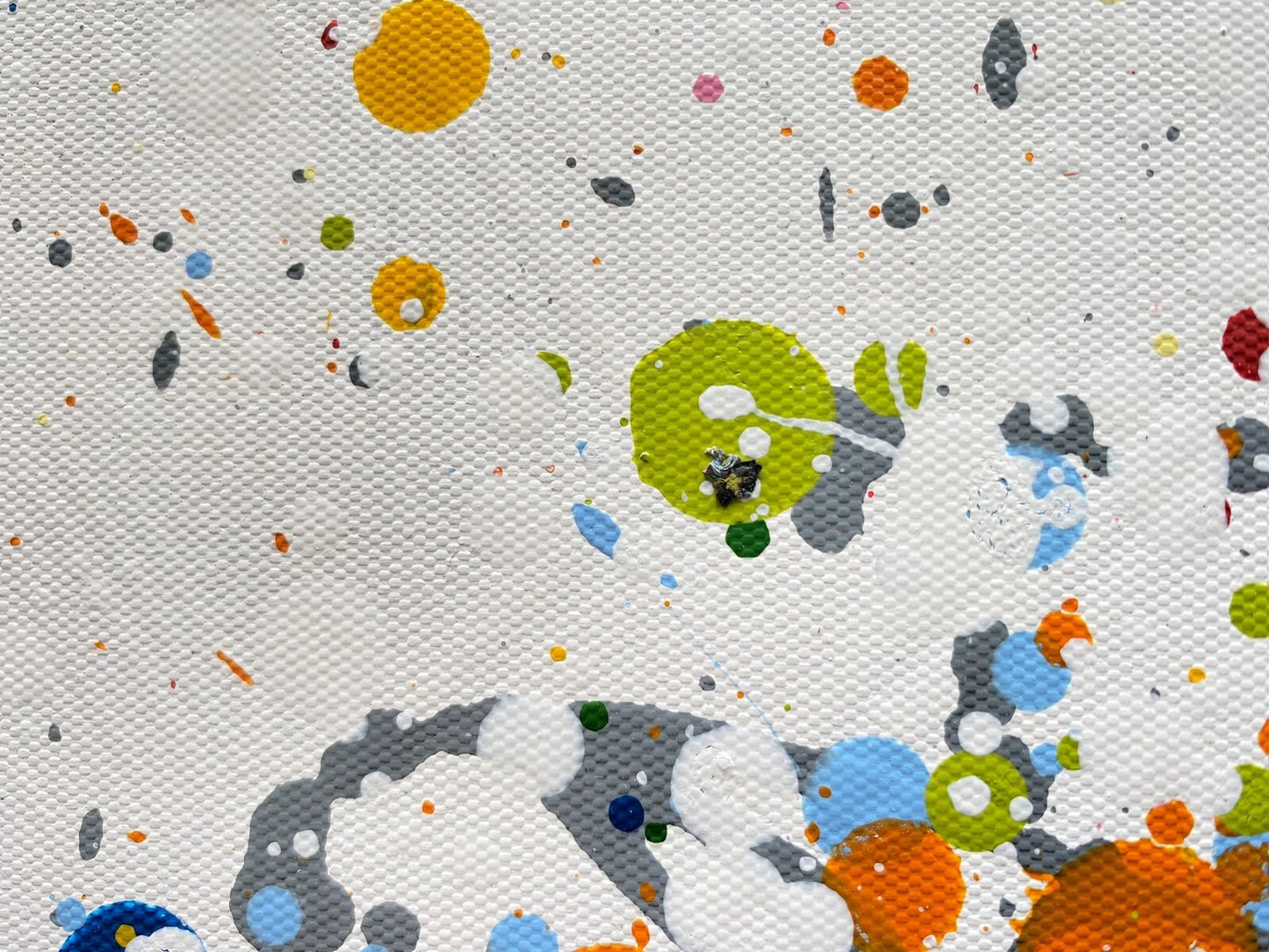 Colourful original tree painting with multicoloured orange and yellow leaves on a white canvas background - detail