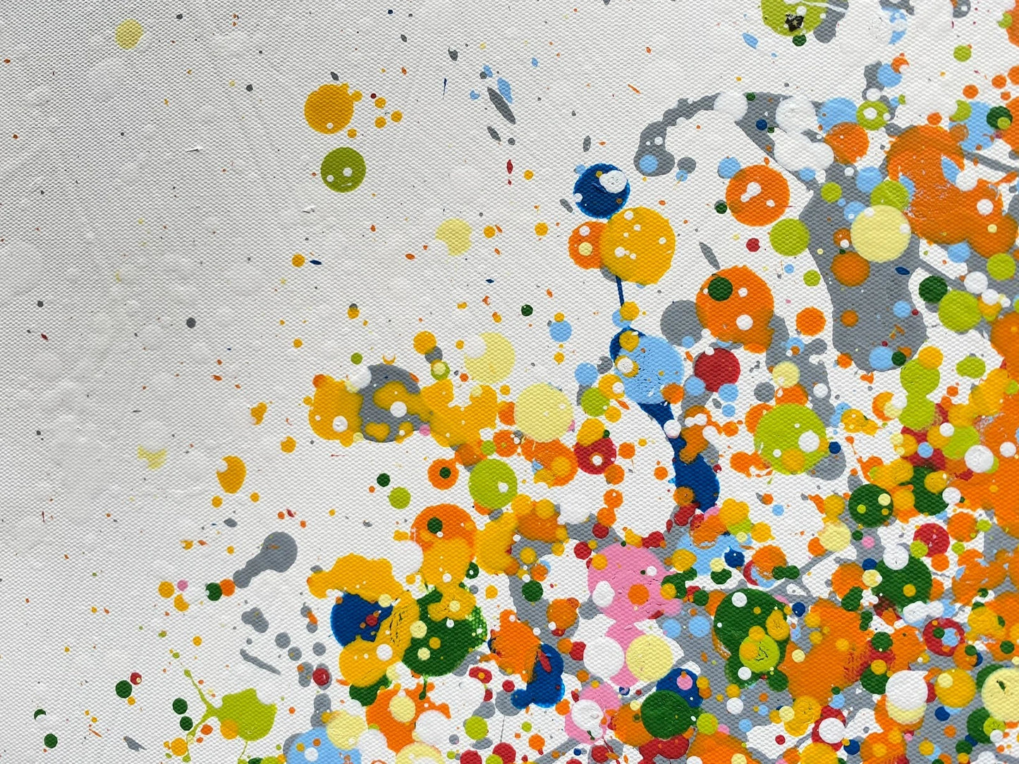 Colourful original tree painting with multicoloured orange and yellow leaves on a white canvas background - detail