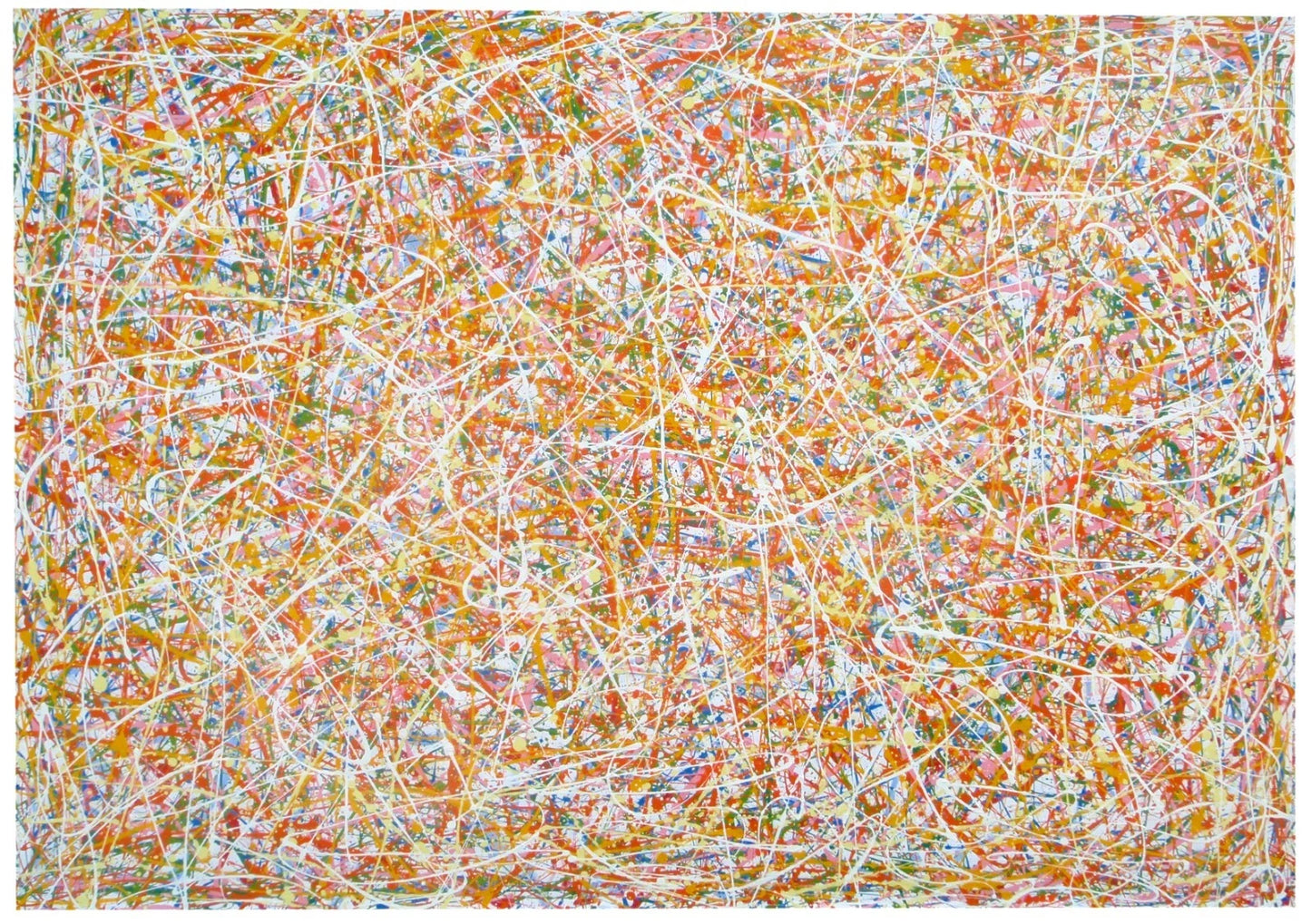 Abstract artwork with a pattern of orange, white, and multicolour lines on a white background, measuring 158 cm by 112 cm - full view