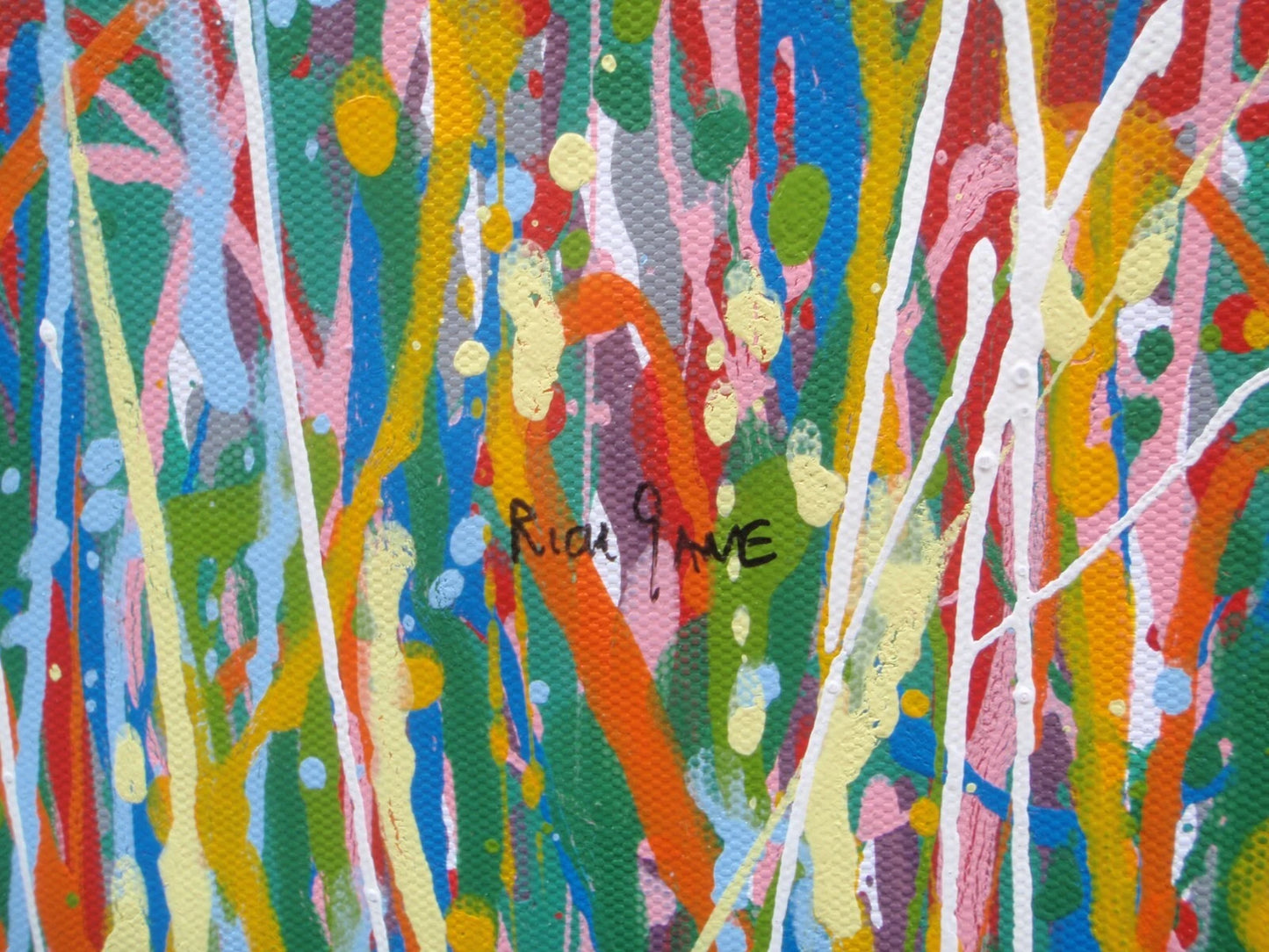 Large abstract vertical drip painting with yellow and blue on 158x112cm un-stretched canvas - detail