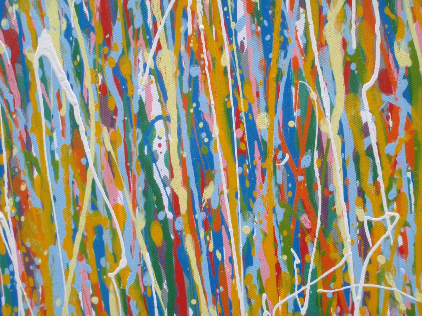 Large abstract vertical drip painting with yellow and blue on 158x112cm un-stretched canvas - detail
