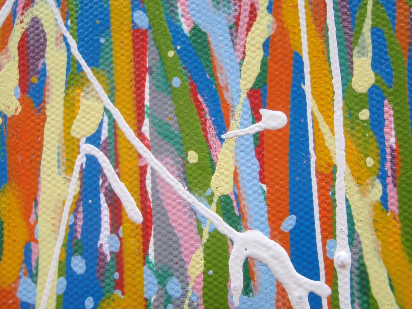 Large abstract vertical drip painting with yellow and blue on 158x112cm un-stretched canvas - detail