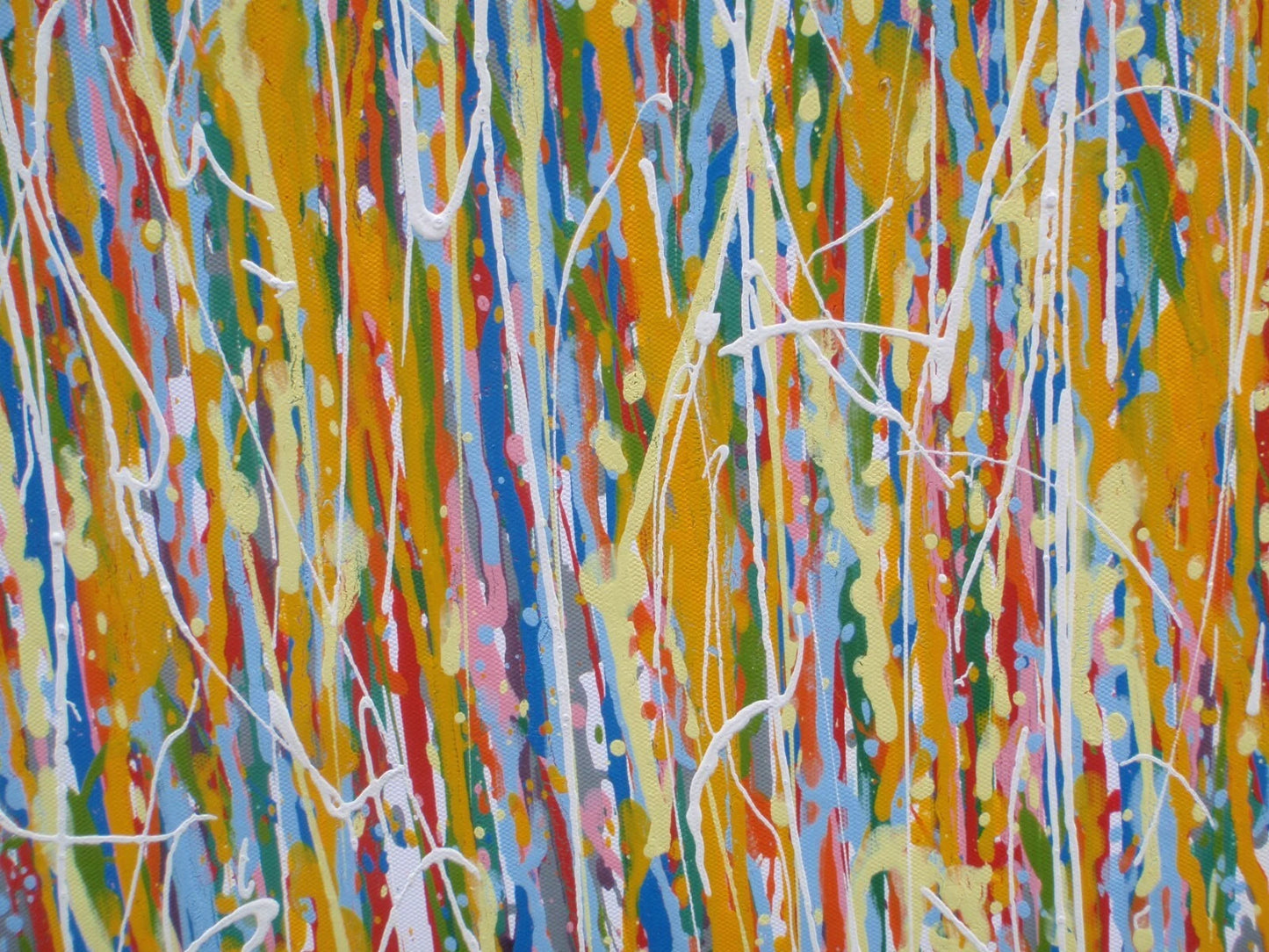 Large abstract vertical drip painting with yellow and blue on 158x112cm un-stretched canvas - detail