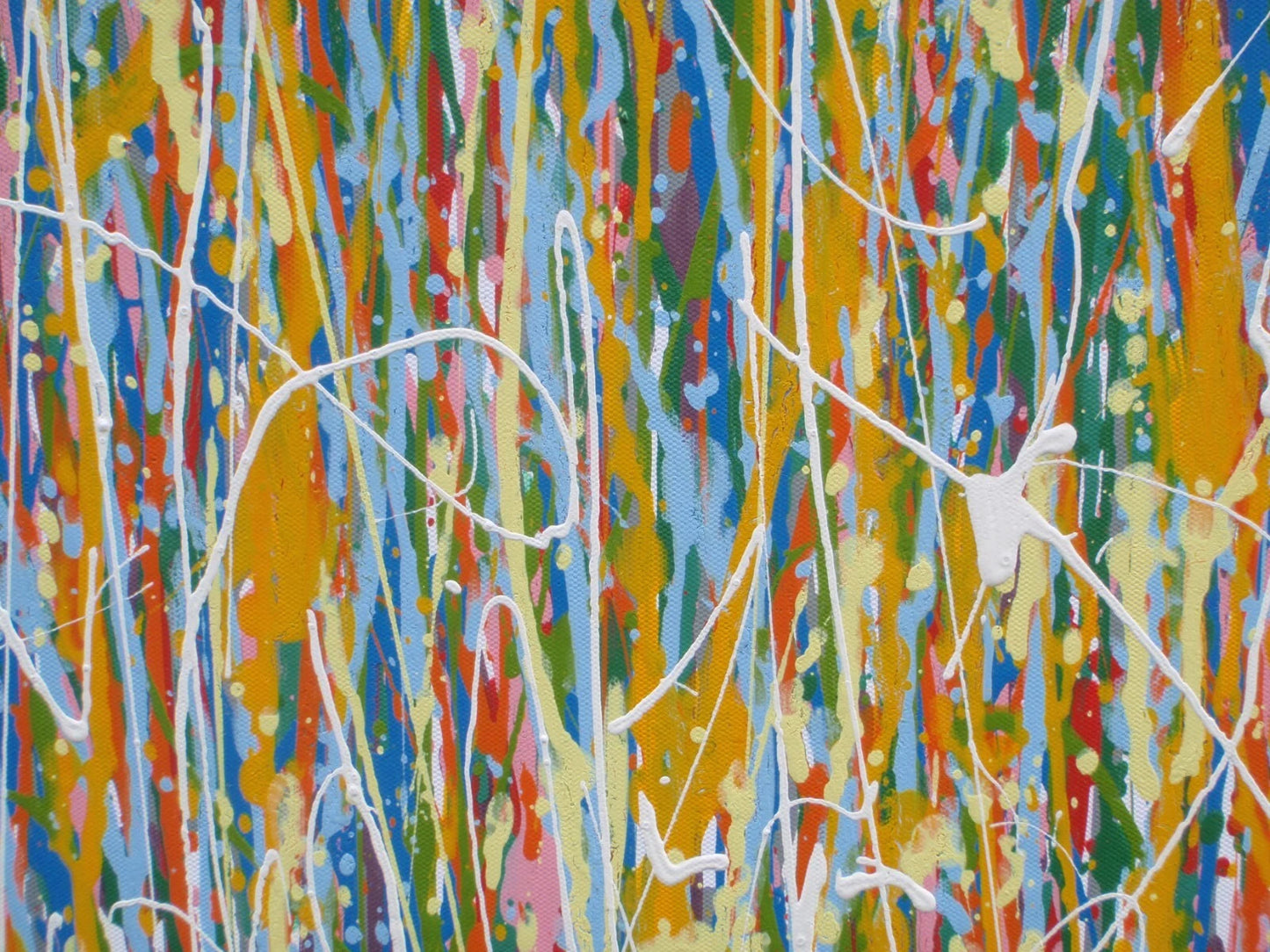Large abstract vertical drip painting with yellow and blue on 158x112cm un-stretched canvas - detail