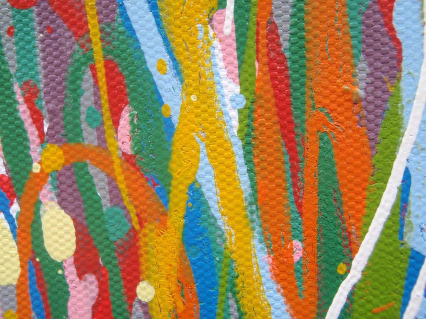 Large abstract vertical drip painting with yellow and blue on 158x112cm un-stretched canvas - detail