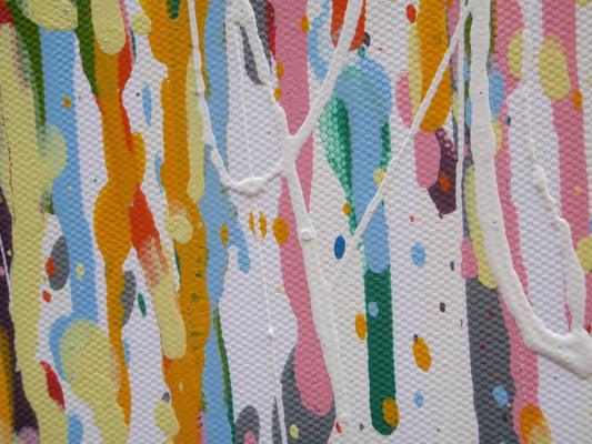 Large abstract vertical drip painting with yellow and blue on 158x112cm un-stretched canvas - detail