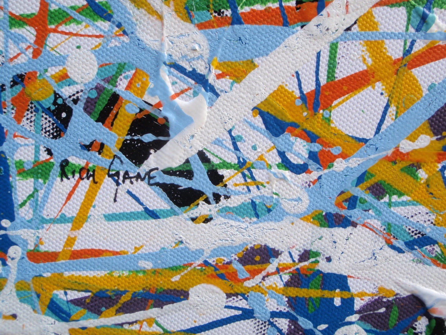 Abstract Wall Art Colourful Blue Drip Painting on an Un-stretched 158cm by 112cm Canvas - detail 1