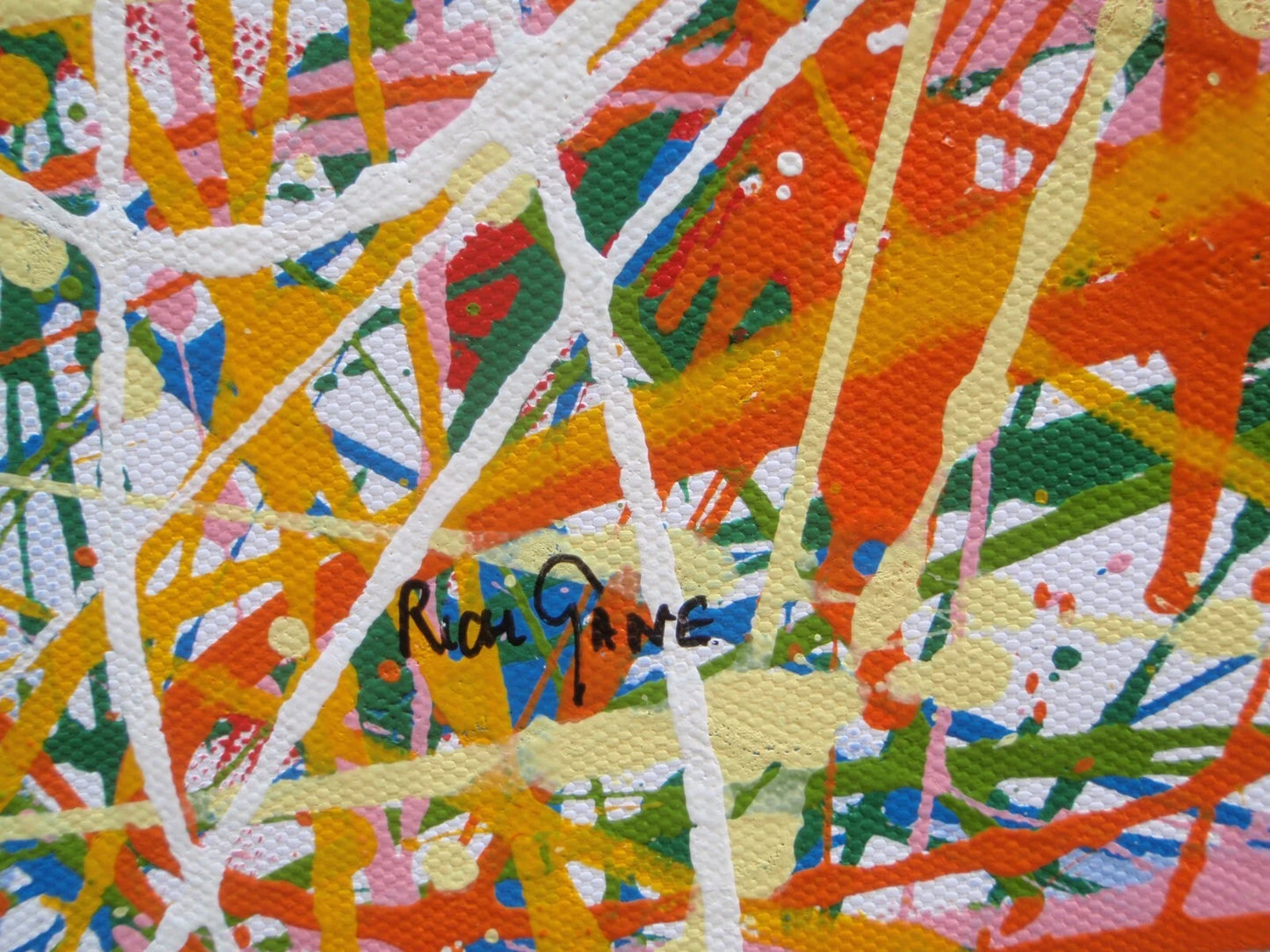 Abstract artwork with a pattern of orange, white, and multicolour lines on a white background, measuring 158 cm by 112 cm - detail 1