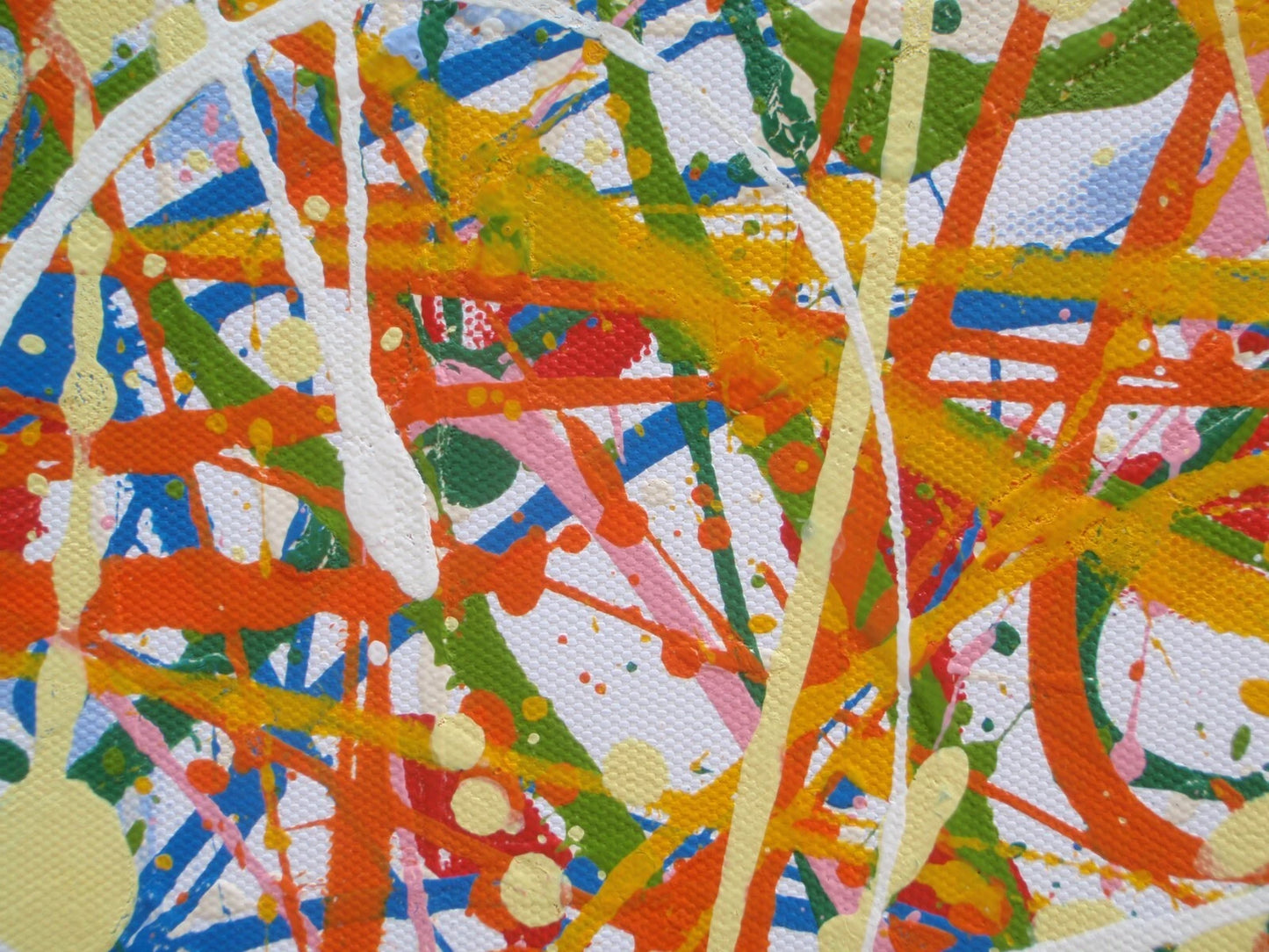 Abstract artwork with a pattern of orange, white, and multicolour lines on a white background, measuring 158 cm by 112 cm - detail 2