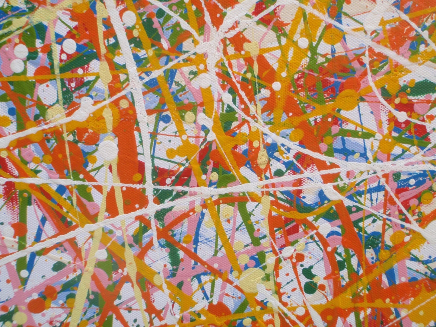 Abstract artwork with a pattern of orange, white, and multicolour lines on a white background, measuring 158 cm by 112 cm - detail 3