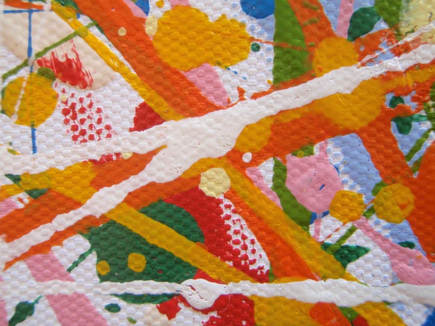 Abstract artwork with a pattern of orange, white, and multicolour lines on a white background, measuring 158 cm by 112 cm - detail 4