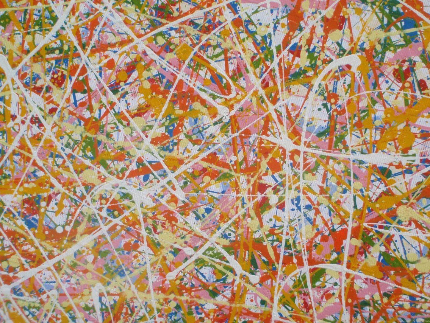 Abstract artwork with a pattern of orange, white, and multicolour lines on a white background, measuring 158 cm by 112 cm - detail 5