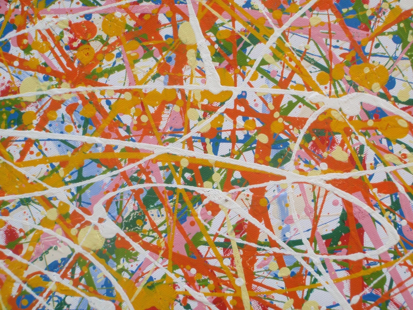 Abstract artwork with a pattern of orange, white, and multicolour lines on a white background, measuring 158 cm by 112 cm - detail 6