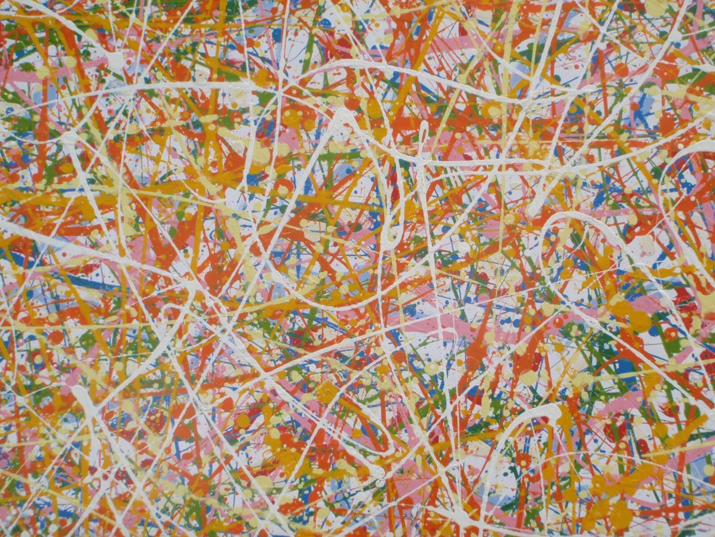 Abstract artwork with a pattern of orange, white, and multicolour lines on a white background, measuring 158 cm by 112 cm - detail 7