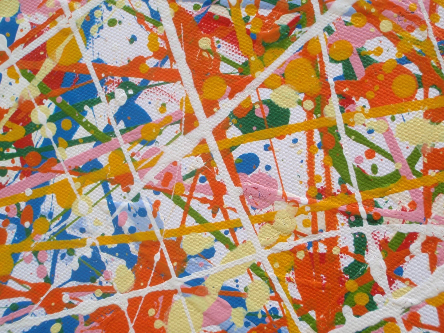 Abstract artwork with a pattern of orange, white, and multicolour lines on a white background, measuring 158 cm by 112 cm - detail 8
