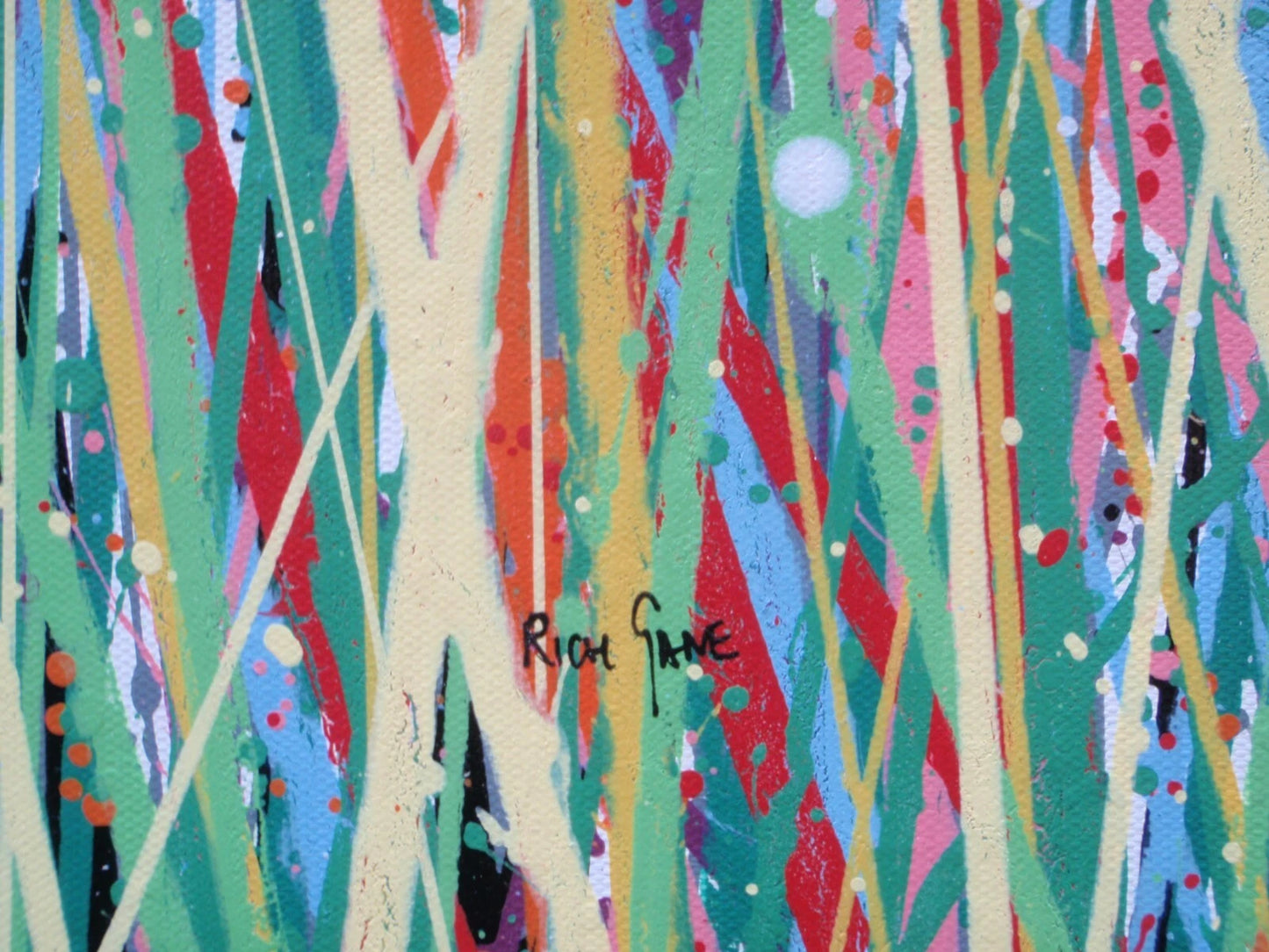 229cm by 112cm original bright and colourful floral landscape painting on un-stretched canvas - detail
