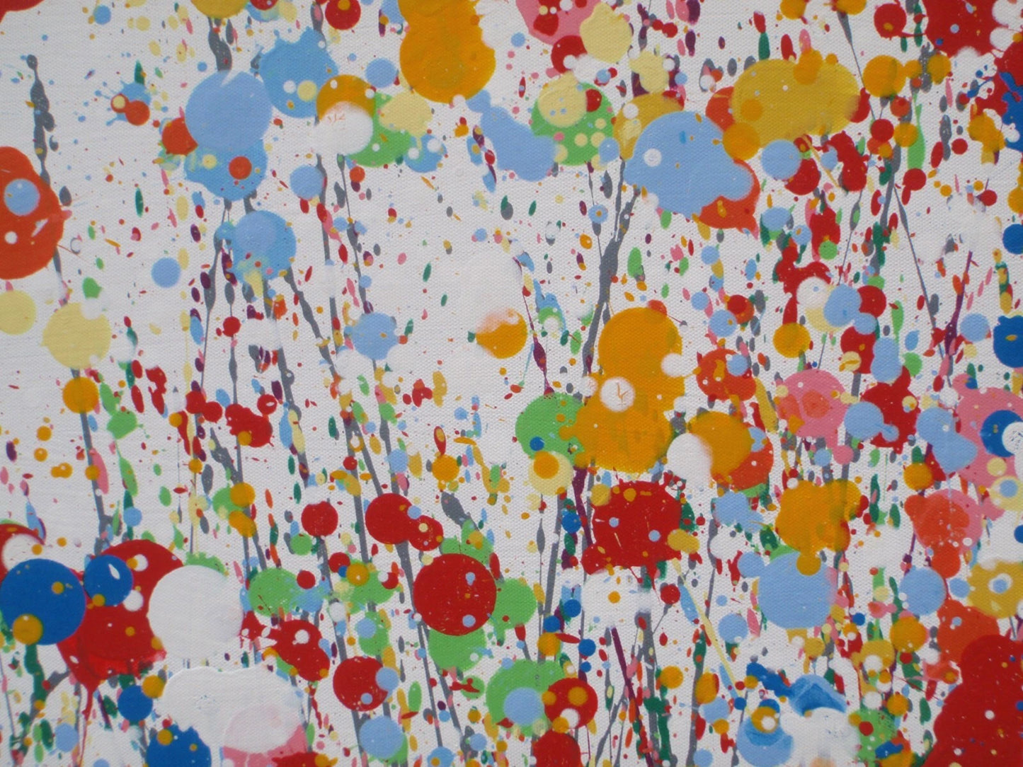 229cm by 112cm original bright and colourful floral landscape painting on un-stretched canvas - detail