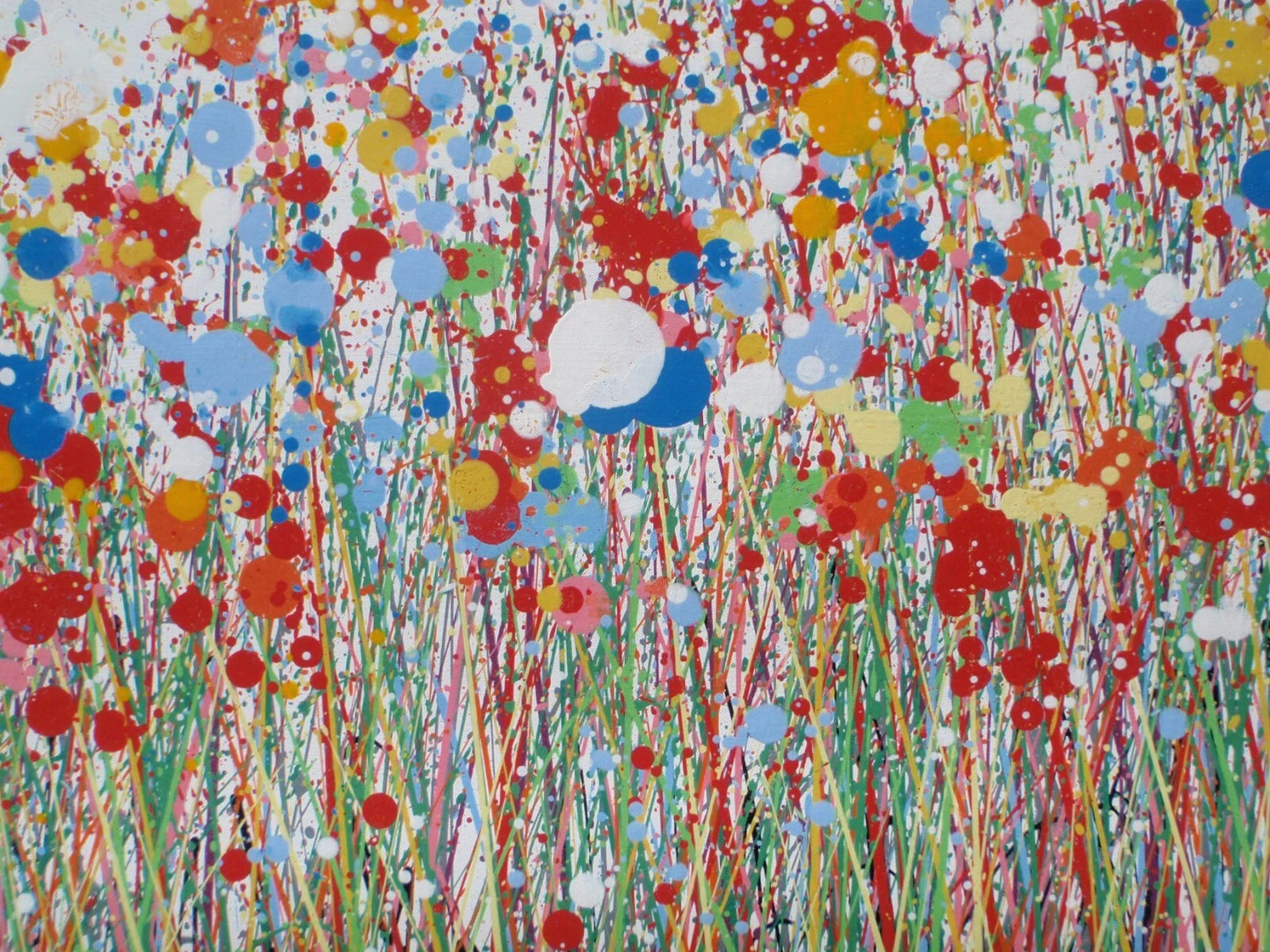 229cm by 112cm original bright and colourful floral landscape painting on un-stretched canvas - detail
