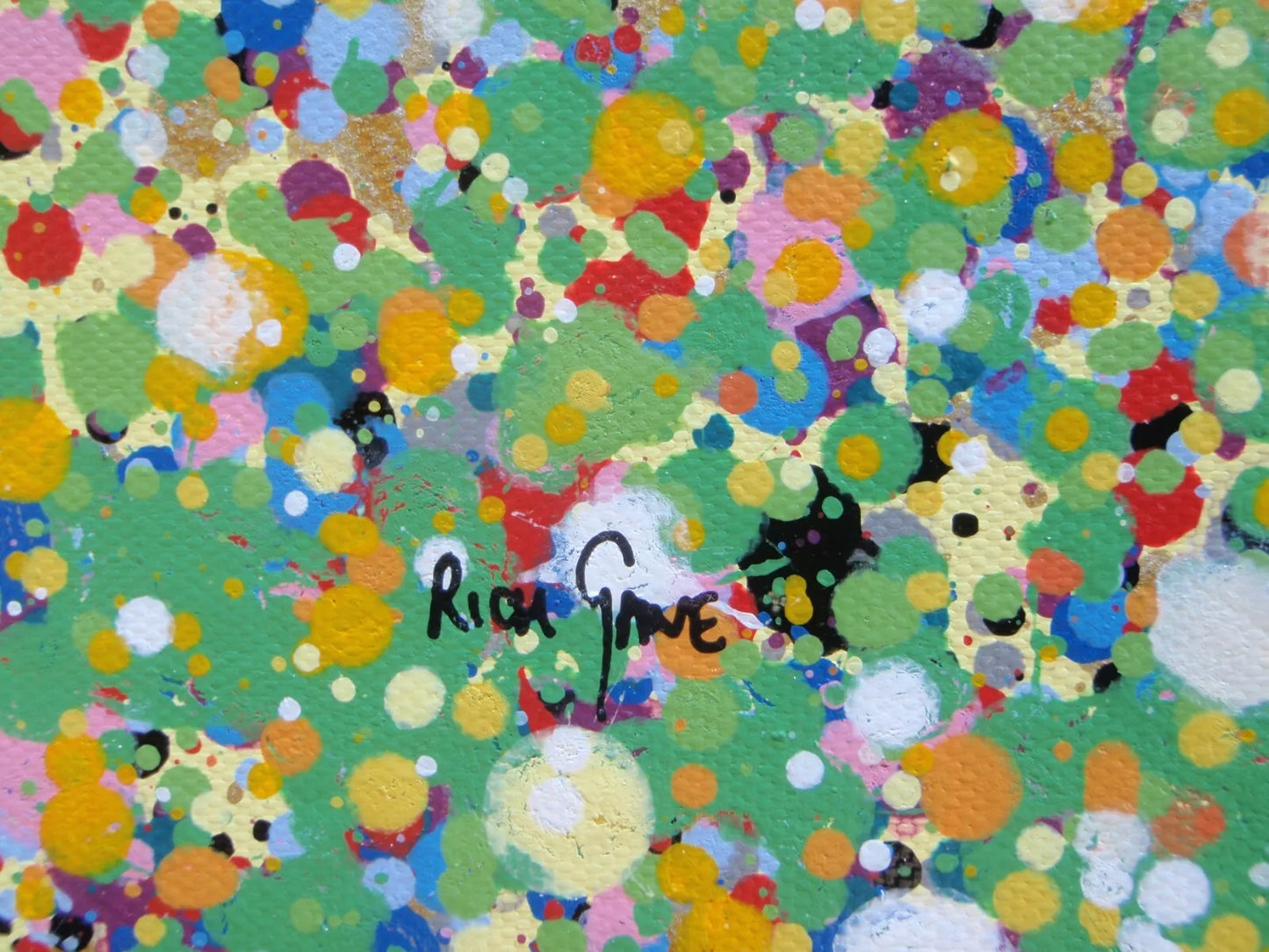 Huge 244 cm by 112cm abstract wall art original dot and spot sunset painting on un-stretched canvas - detail