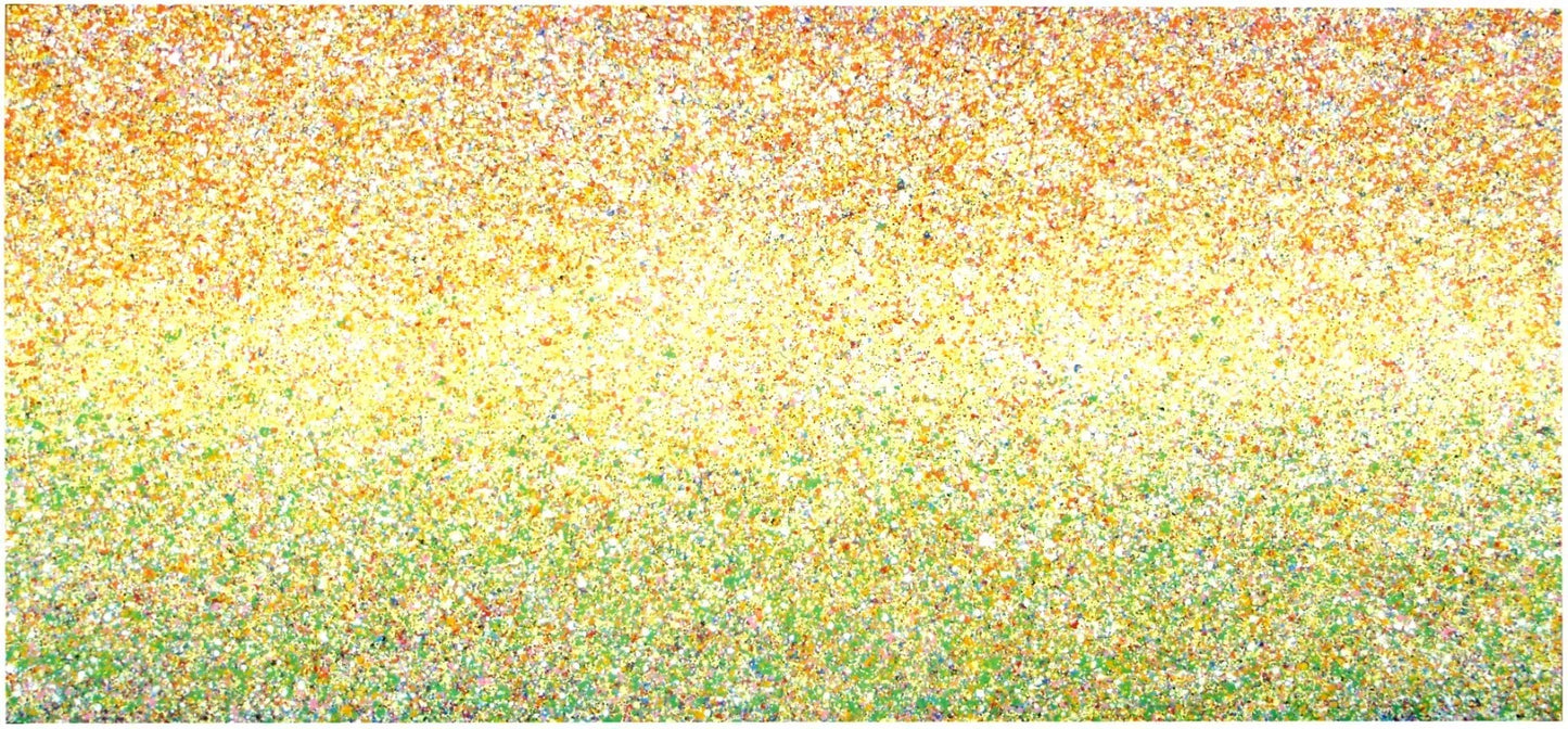 Huge 244 cm by 112cm abstract wall art original dot and spot sunset painting on un-stretched canvas - full view