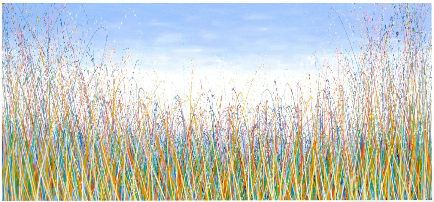 244 cm by 112 cm huge original grass meadow painting on an un-stretched canvas - full view