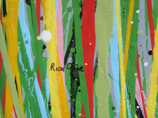 Giant hand-made painting of a field of colourful flowers, especially red ones, with a blue sky, on a 250 by 112cm canvas - detail