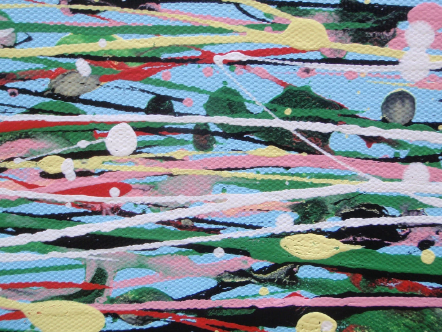 Modern art red flower meadow painting divided in two by a footpath, on a huge 159 cm by 112 cm canvas - detail
