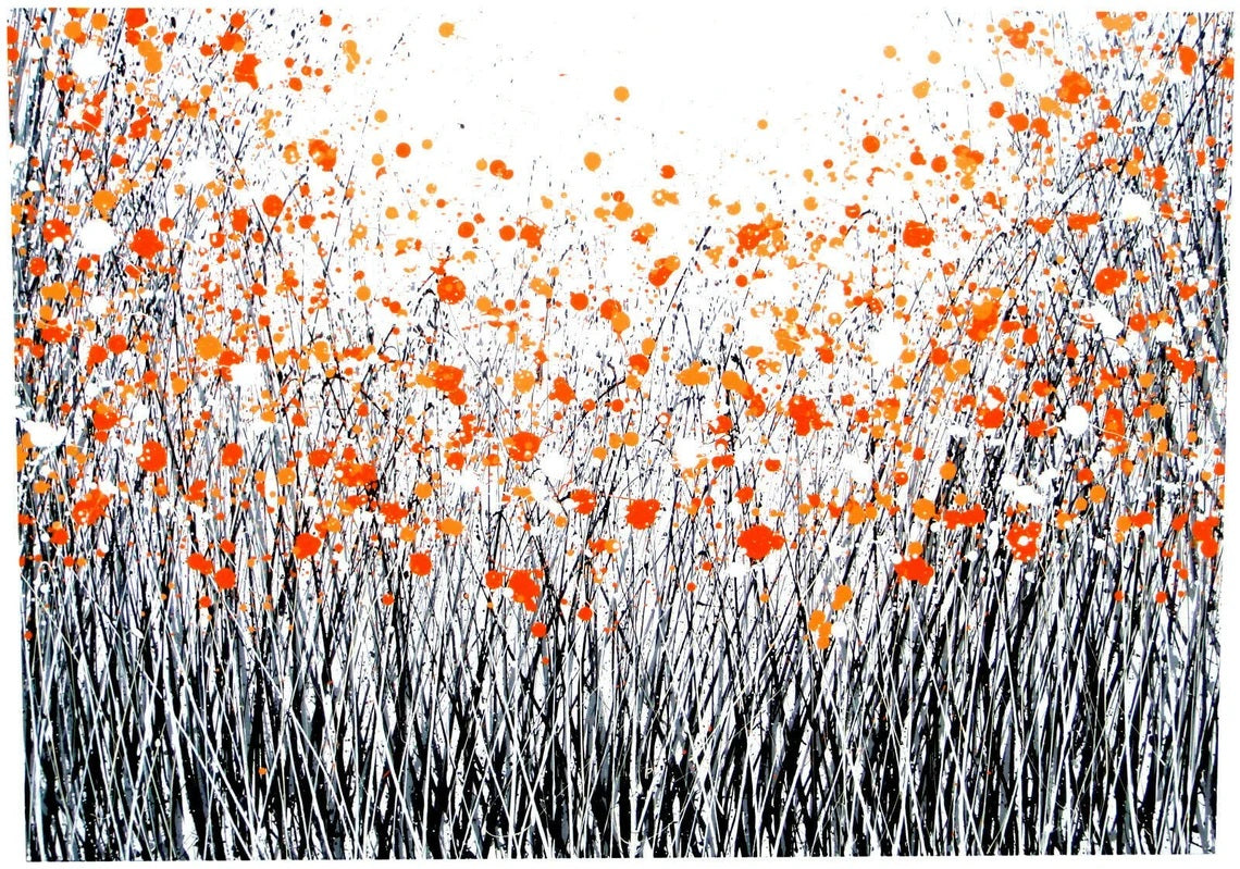 Huge original painting featuring an artistic depiction of orange flowers on a white background with black stems.