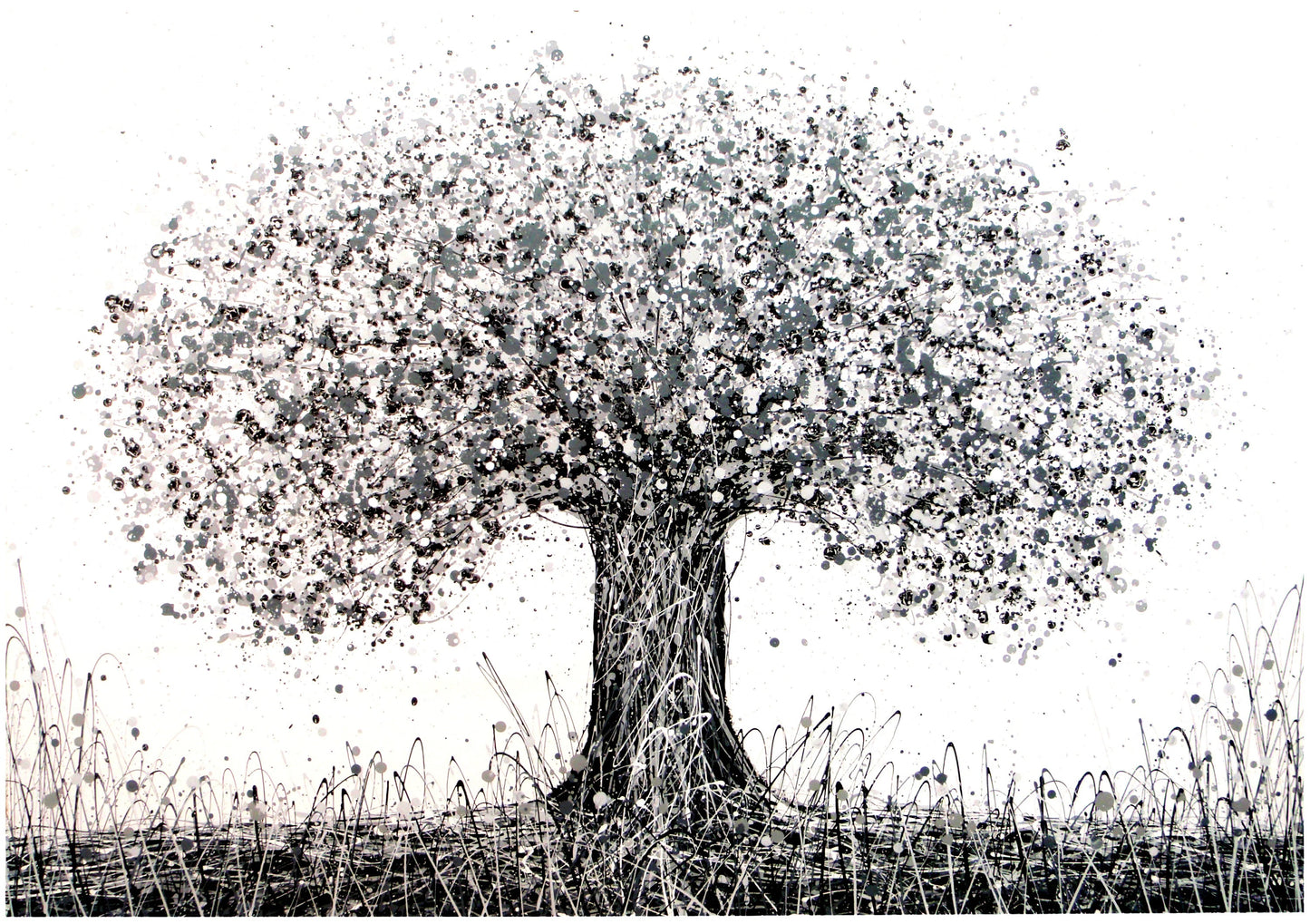 Really big black and white modern art tree with flowing leaves on a white background.