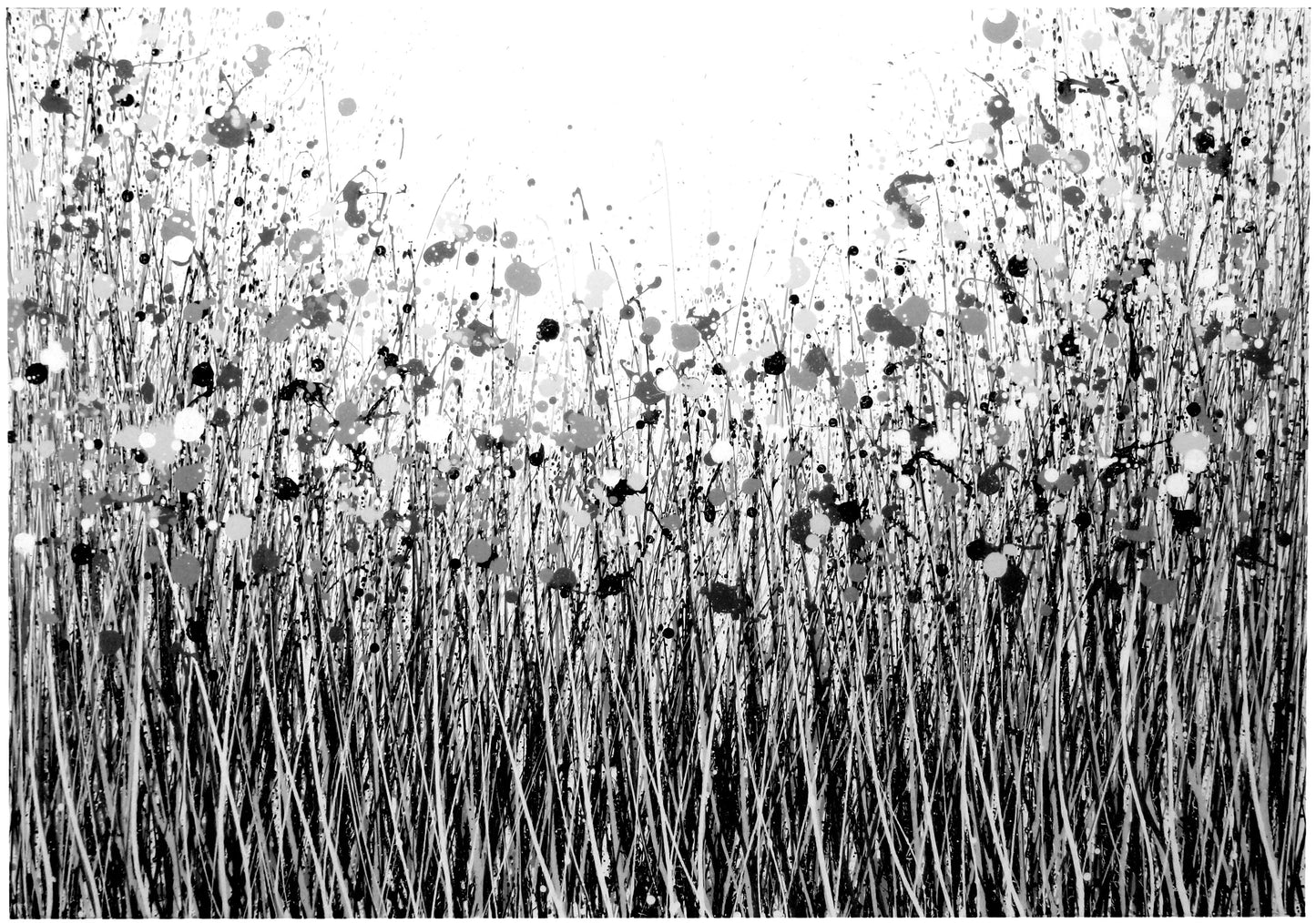 Black and white flower meadow painting with sloping sides, on a really big canvas.