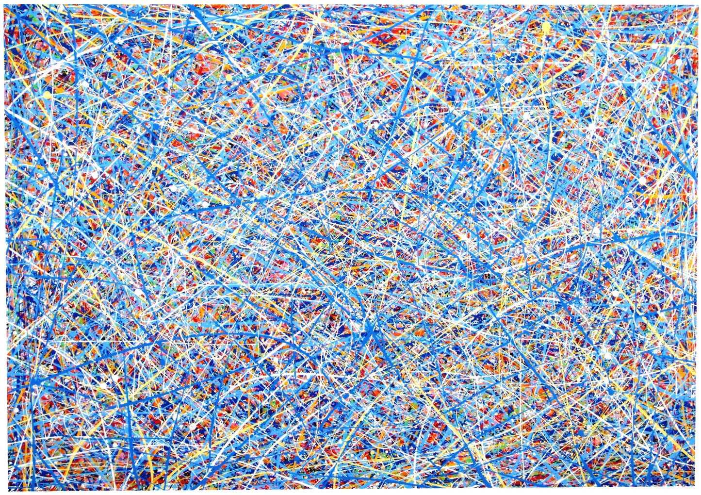 Original blue abstract drip painting with water-based paints on a huge canvas