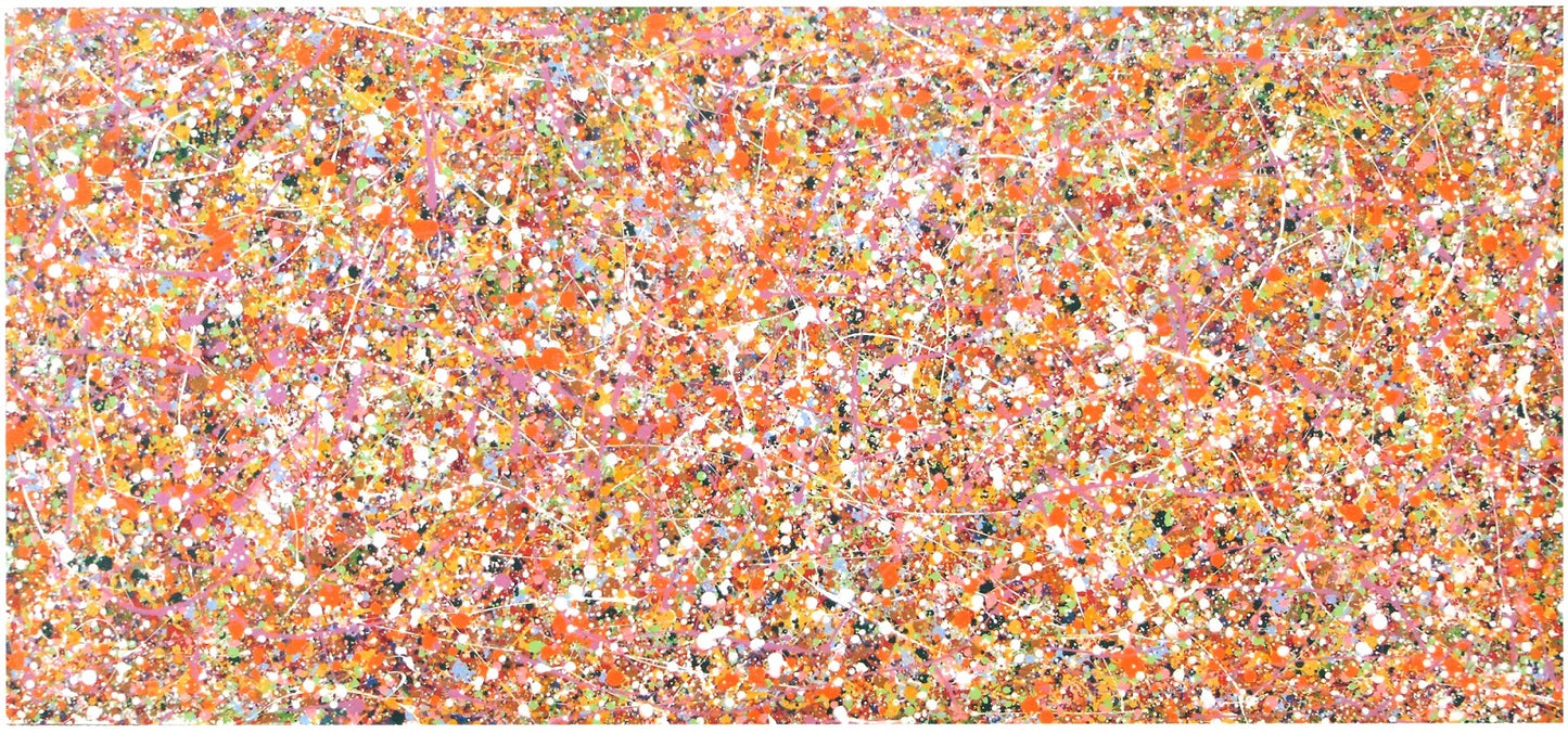 Huge original abstract wall art canvas featuring dots and spots, with plenty of orange and pink paint
