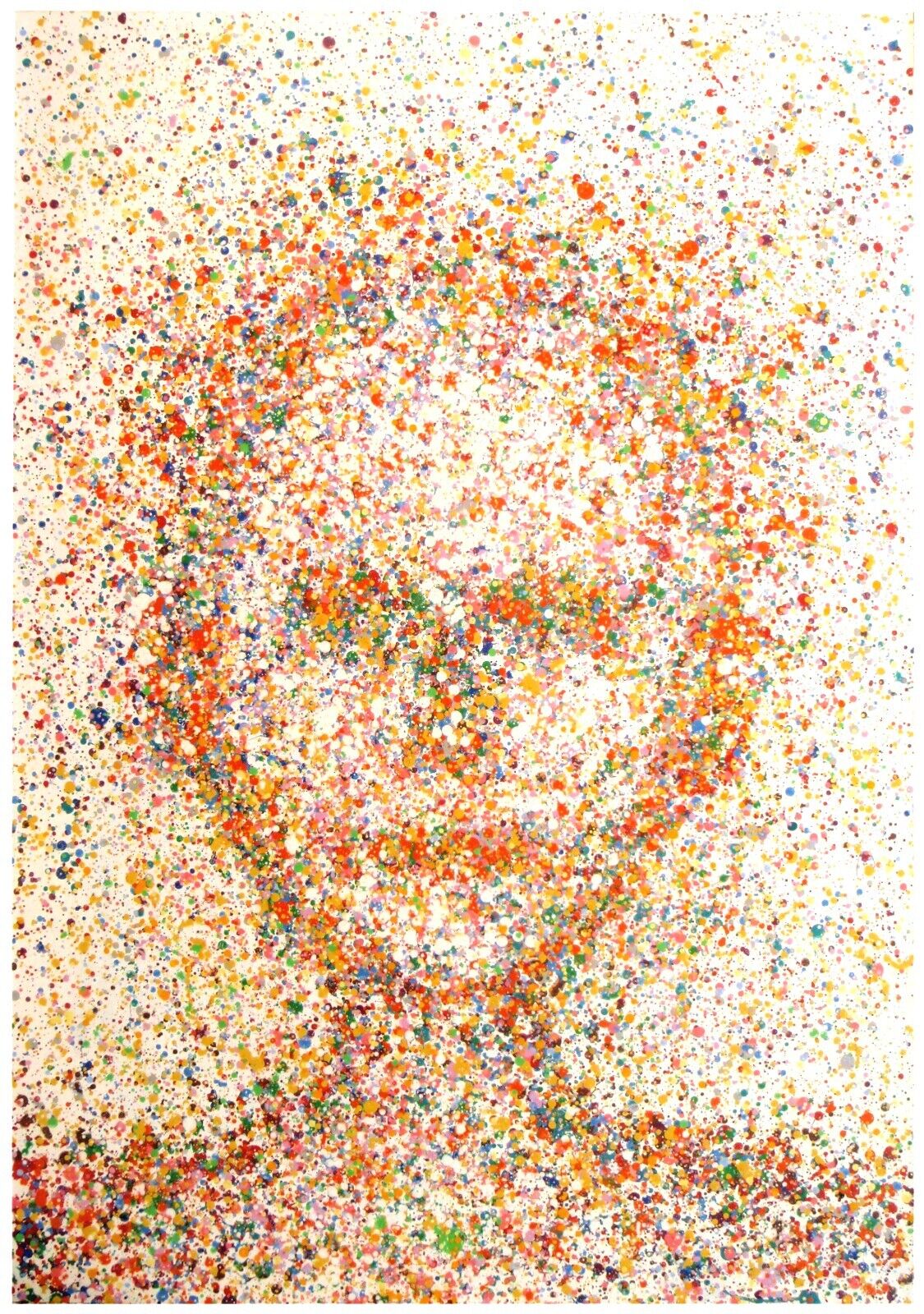 Abstract wall art portrait created from thousands of small coloured dots of paint on a white background
