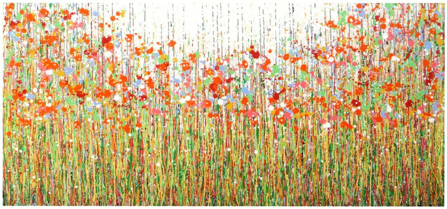Extremely big original abstract wall art painting featuring a bright and colourful orange and pink flower meadow, on a white background.