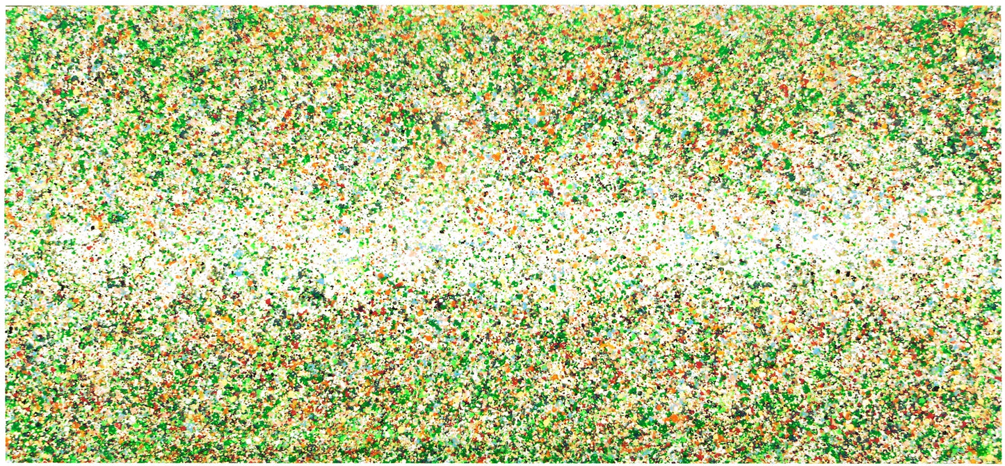 Green, yellow and white dot and spot very wide contemporary art canvas painting.
