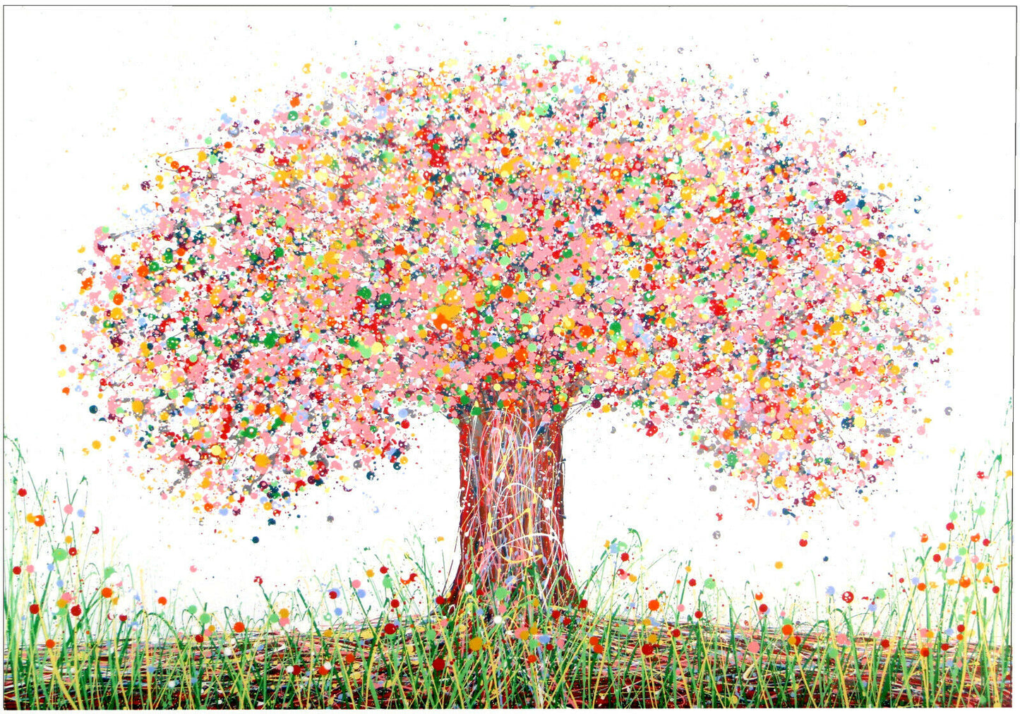 Pink and yellow original tree painting in a modern art style, on a white canvas background
