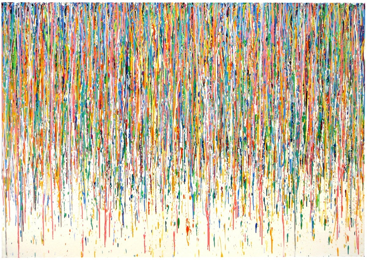 Really big vertical drip painting with teal, yellow and green