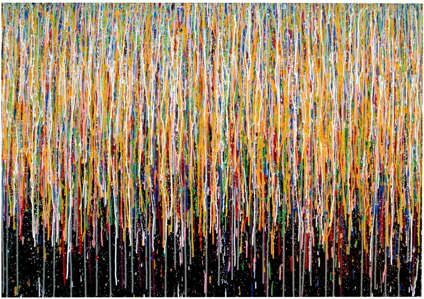 Huge abstract canvas wall art really colourful vertical drip painting on a black background, by Somerset artist Rich Gane