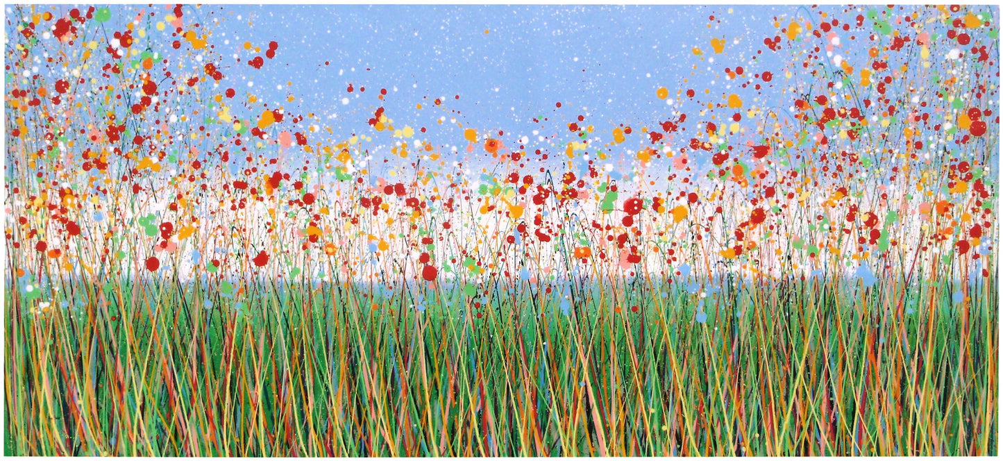 Modern art painting of colourful flowers, especially red and yellow ones, in a field with a blue sky, painted on a huge canvas.
